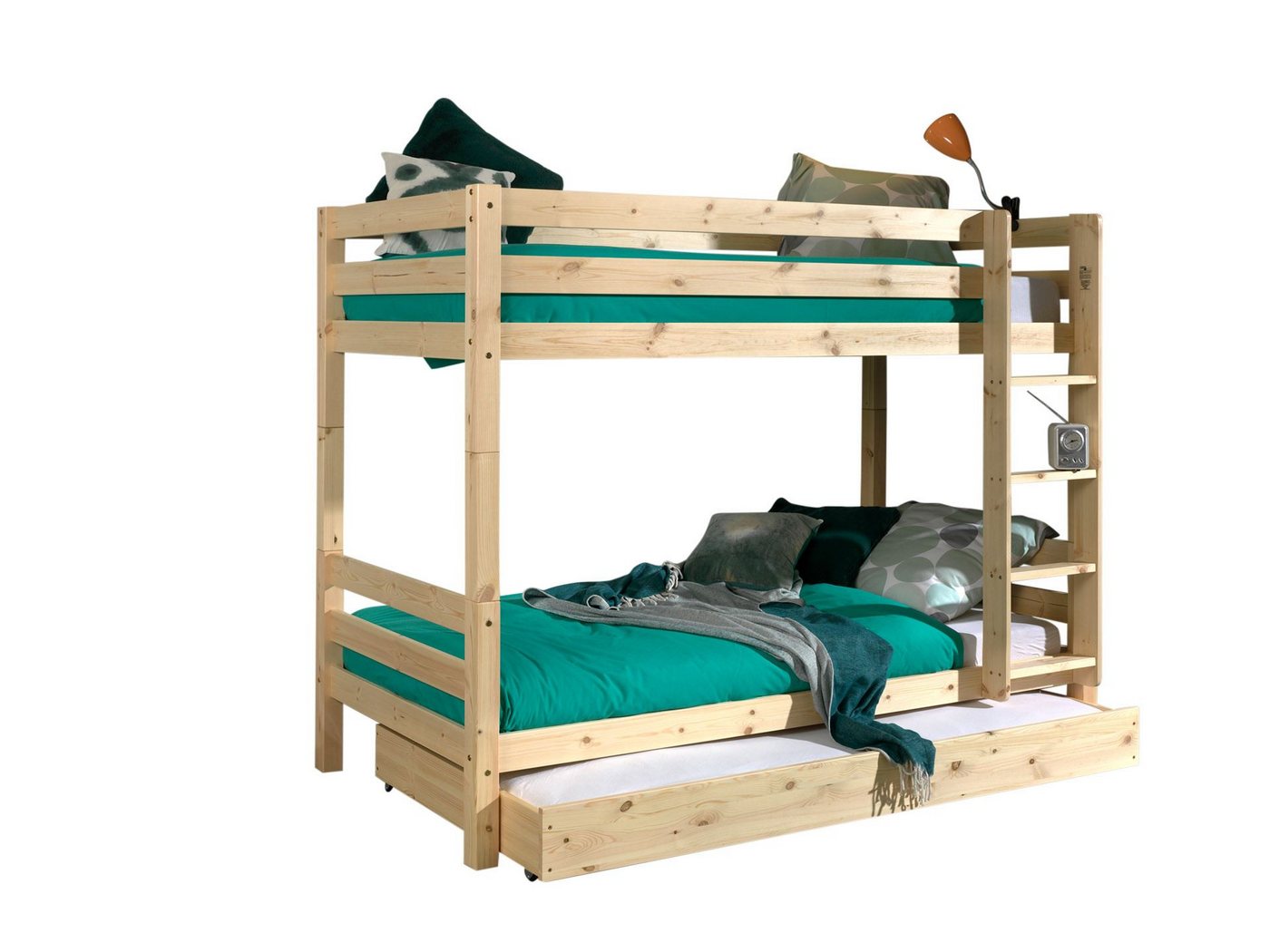 58 aufm Kessel Bettgestell Etagenbett + Schubladen Karolina 210x105x161 Hochbett Massivholz natur (inkl. Versand, Lieferung bis Verwendungsstelle), Liegefläche 2x 90x200, Absturzschutz, Bettschublade, Rolllattenrost von 58 aufm Kessel