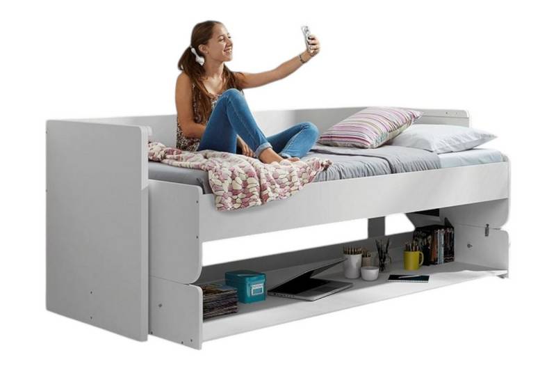 58 aufm Kessel Bettgestell Funktionsbett Kassandra 217x110x148 Wandelbett Holzwerkstoff Weiß (inkl. Versand, Lieferung bis Verwendungsstelle), Liegefläche 90x200, integrierter Schreibtisch, synchron klappbar von 58 aufm Kessel