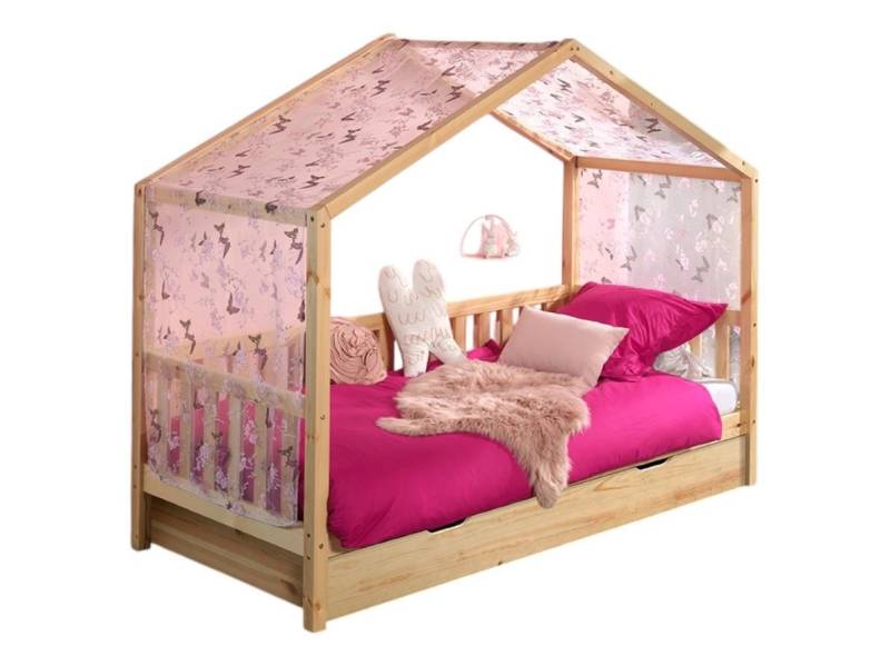 58 aufm Kessel Bettgestell Hausbett mit Textilhimmel Kapua 210x97x170 Kinderbett Massivholz Natur (inkl. Versand, Lieferung bis Verwendungsstelle), Liegefläche 90 x 200, inklusive Bettschublade und Textilhimmel von 58 aufm Kessel