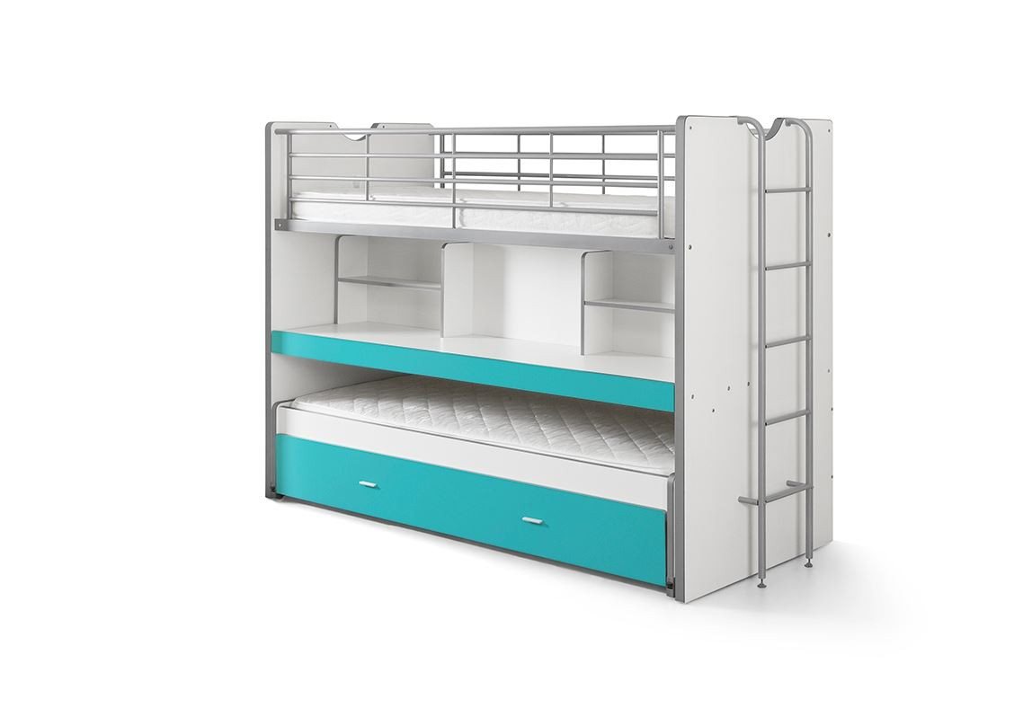 58 aufm Kessel Bettgestell Hochbett Kalinda 222x102x161 Kinderbett Holzwerkstoff Weiß/Türkis (inkl. Versand, Lieferung bis Verwendungsstelle), Spielbett Liegefläche 2x90x200 Bettschublade ausziehbare Arbeitsplatte von 58 aufm Kessel