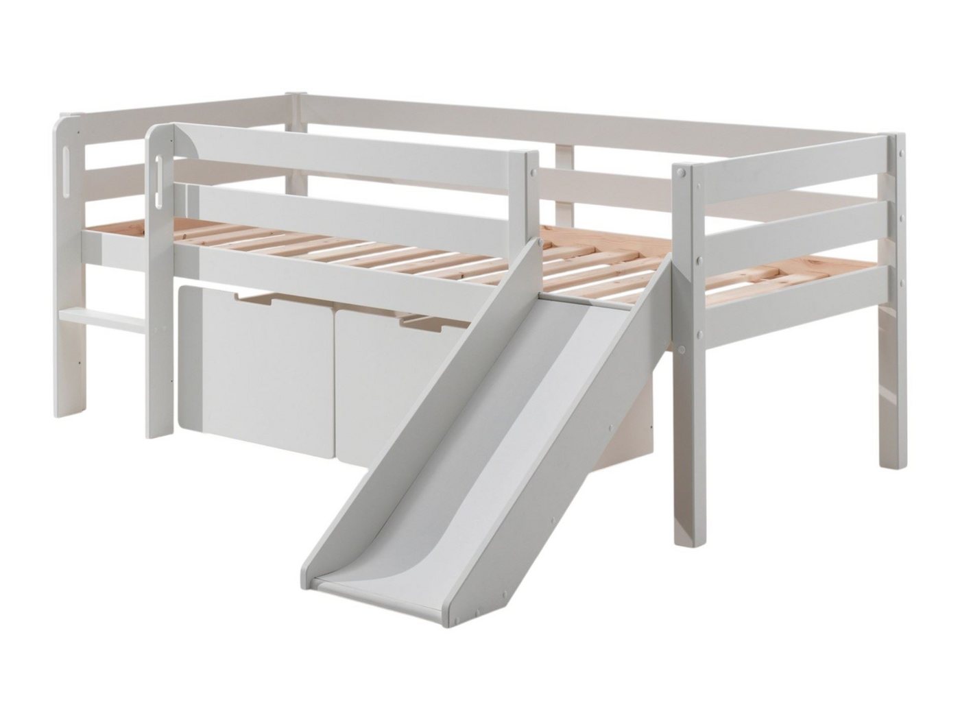 58 aufm Kessel Bettgestell Kojenbett mit Rutsche Karolina 208x175x83 Kinderbett Massivholz Weiß (inkl. Versand, Lieferung bis Verwendungsstelle), Liegefläche 90 x 200, niedrige Höhe, ideal für Dachschrägen, Schublade von 58 aufm Kessel