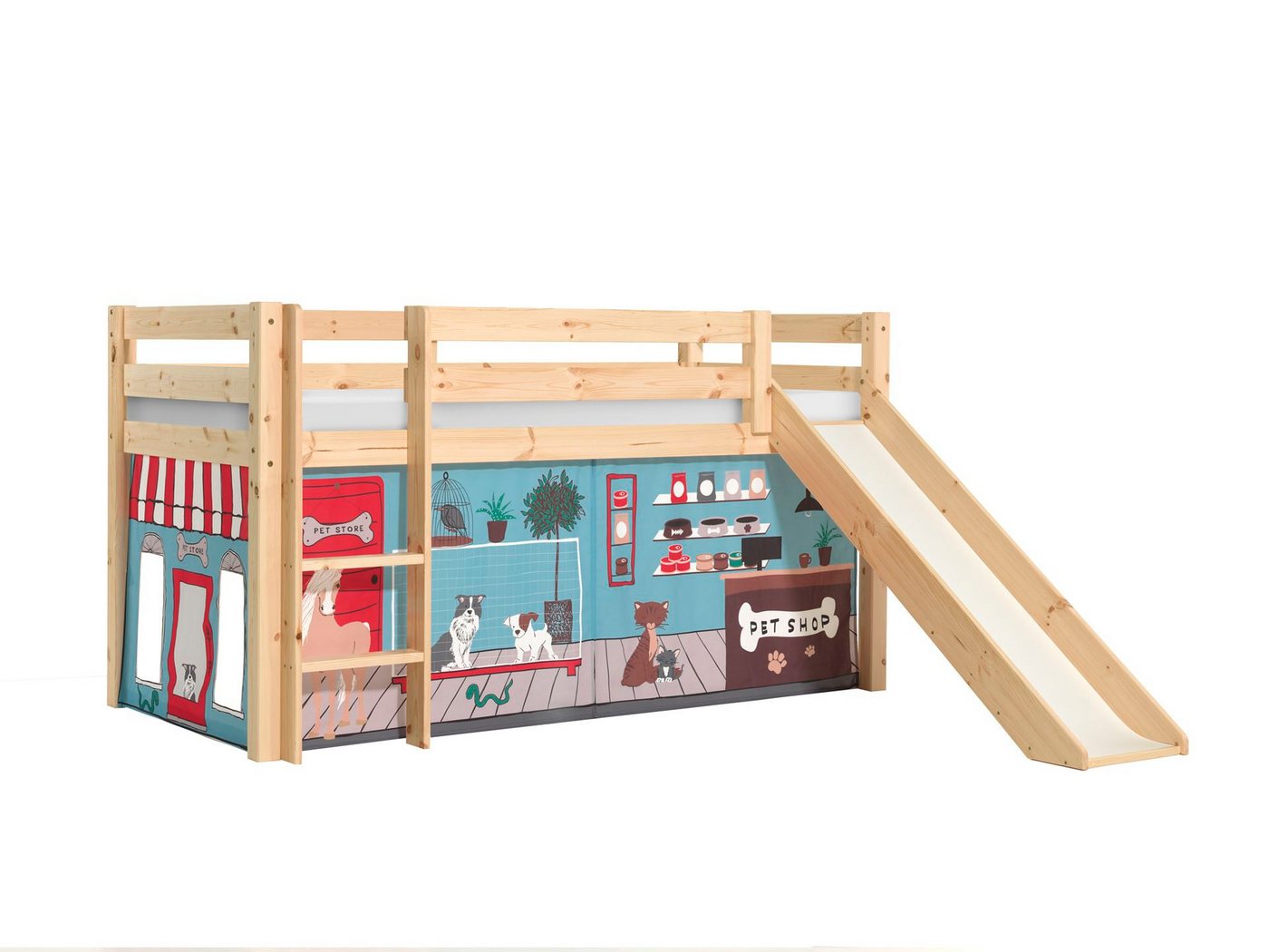 58 aufm Kessel Bettgestell Spielbett mit Rutsche Karolina 210x218x114 Kinderbett Massivholz natur (inkl. Versand, Lieferung bis Verwendungsstelle), Liegefläche 90x200, inkl. Textilset, breite Stufen, Absturzschutz von 58 aufm Kessel