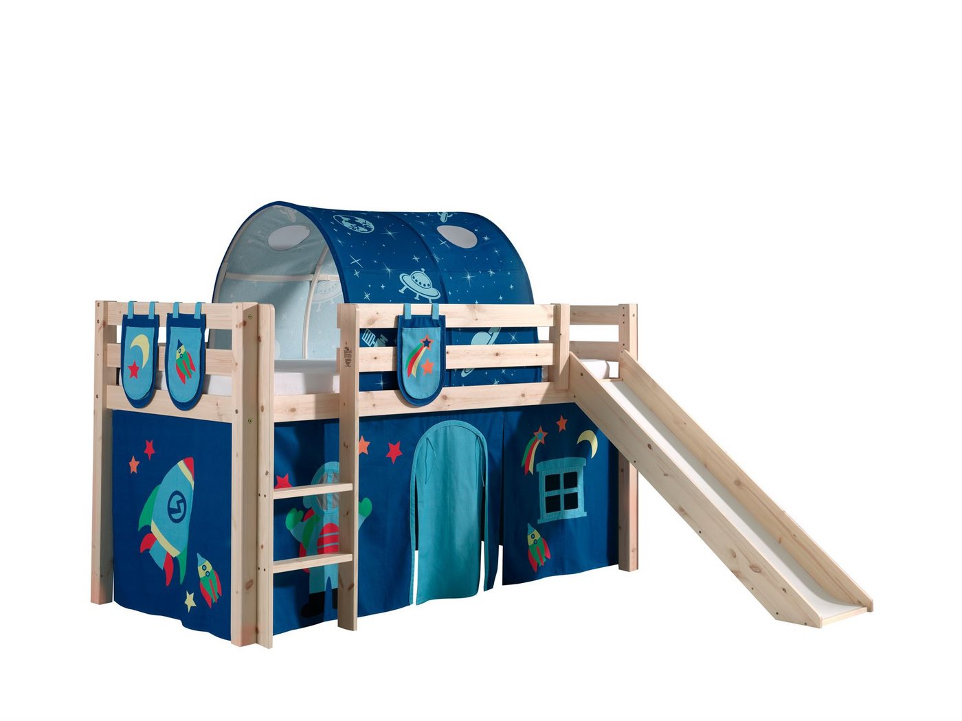 58 aufm Kessel Bettgestell Spielbett mit Rutsche Karolina 210x218x114 Kinderbett Massivholz natur (inkl. Versand, Lieferung bis Verwendungsstelle), Liegefläche 90x200, inkl. Textilset, breite Stufen, Absturzschutz von 58 aufm Kessel