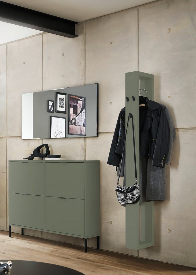 58 aufm Kessel Garderobe modern Erna Flurgarderobe Garderoben Set Pinie Green matt Lack (inkl. Premiumversand, 3 St), Wandgarderobe mit Spiegel Schubkästen, Türen und Klappen mit Softclose von 58 aufm Kessel