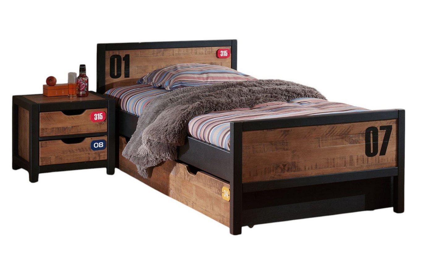58 aufm Kessel Jugendzimmer-Set Kinderzimmer Set komplett Kameko 1 Massivholz+MDF Schwarz/Cognac, (inkl. Versand, Lieferung bis Verwendungsstelle), Einzelbett, Lattenrost, Bettschublade, Nachtkonsole von 58 aufm Kessel