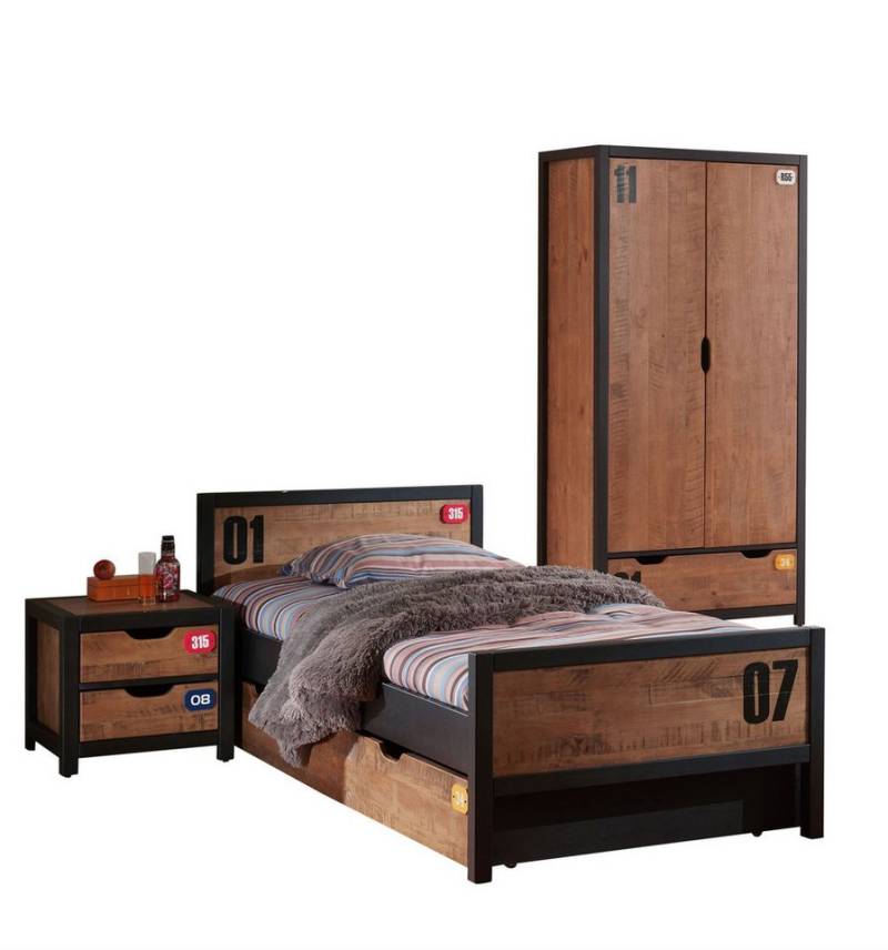 58 aufm Kessel Jugendzimmer-Set Kinderzimmer Set komplett Kameko 4 Massivholz+MDF Schwarz/Cognac, (inkl. Versand, Lieferung bis Verwendungsstelle), Bett, 2-trg. Kleiderschrank, Bettschublade, Nachtkonsole, Lattenrost von 58 aufm Kessel