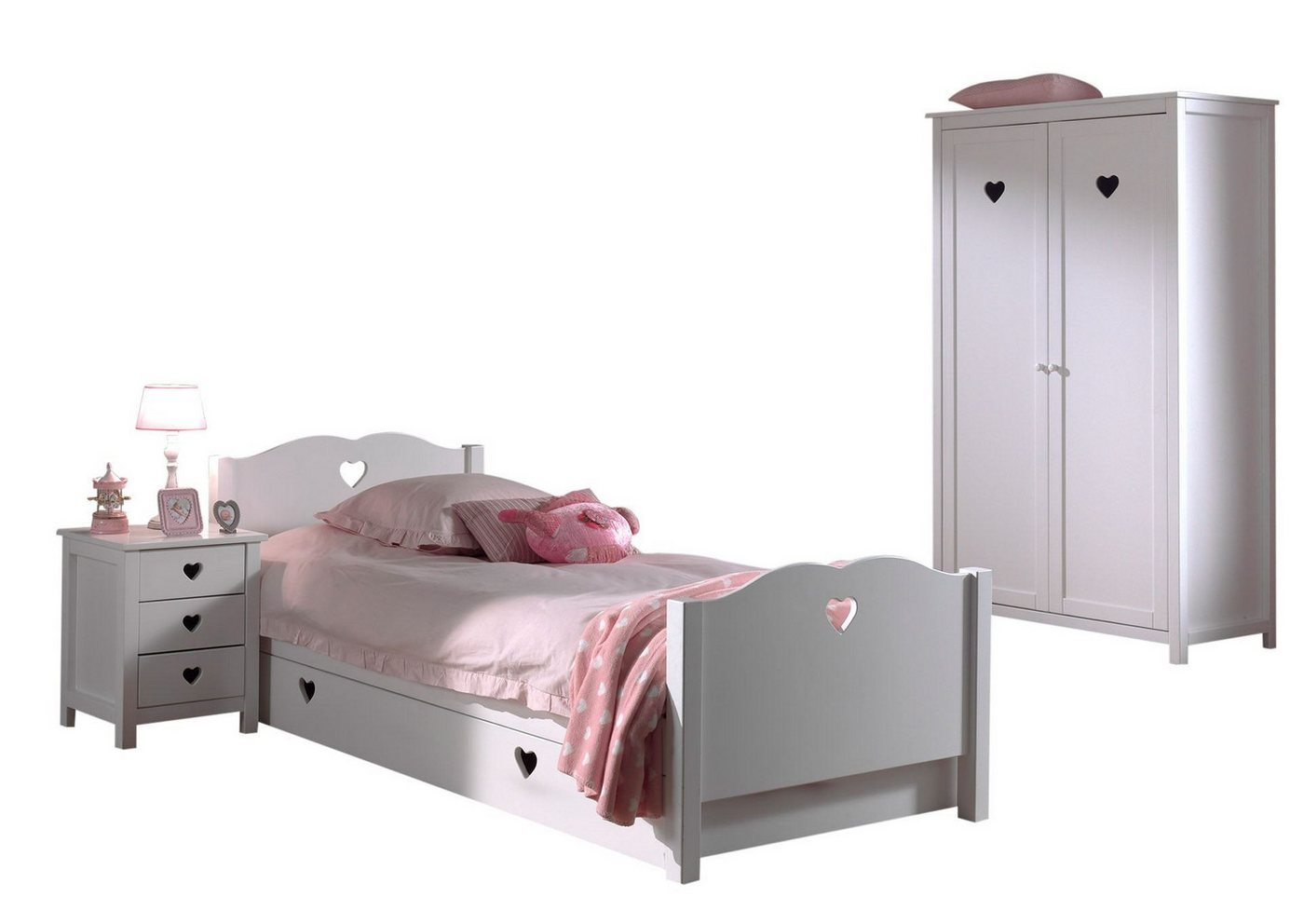 58 aufm Kessel Jugendzimmer-Set Kinderzimmer Kamila 3 Kinderzimmer Möbel Set Mädchen MDF Weiß, (inkl. Versand, Lieferung bis Verwendungsstelle), Bett, Lattenrost, Bettschublade, Nachtkonsole, 2-trg. Kleiderschrank von 58 aufm Kessel