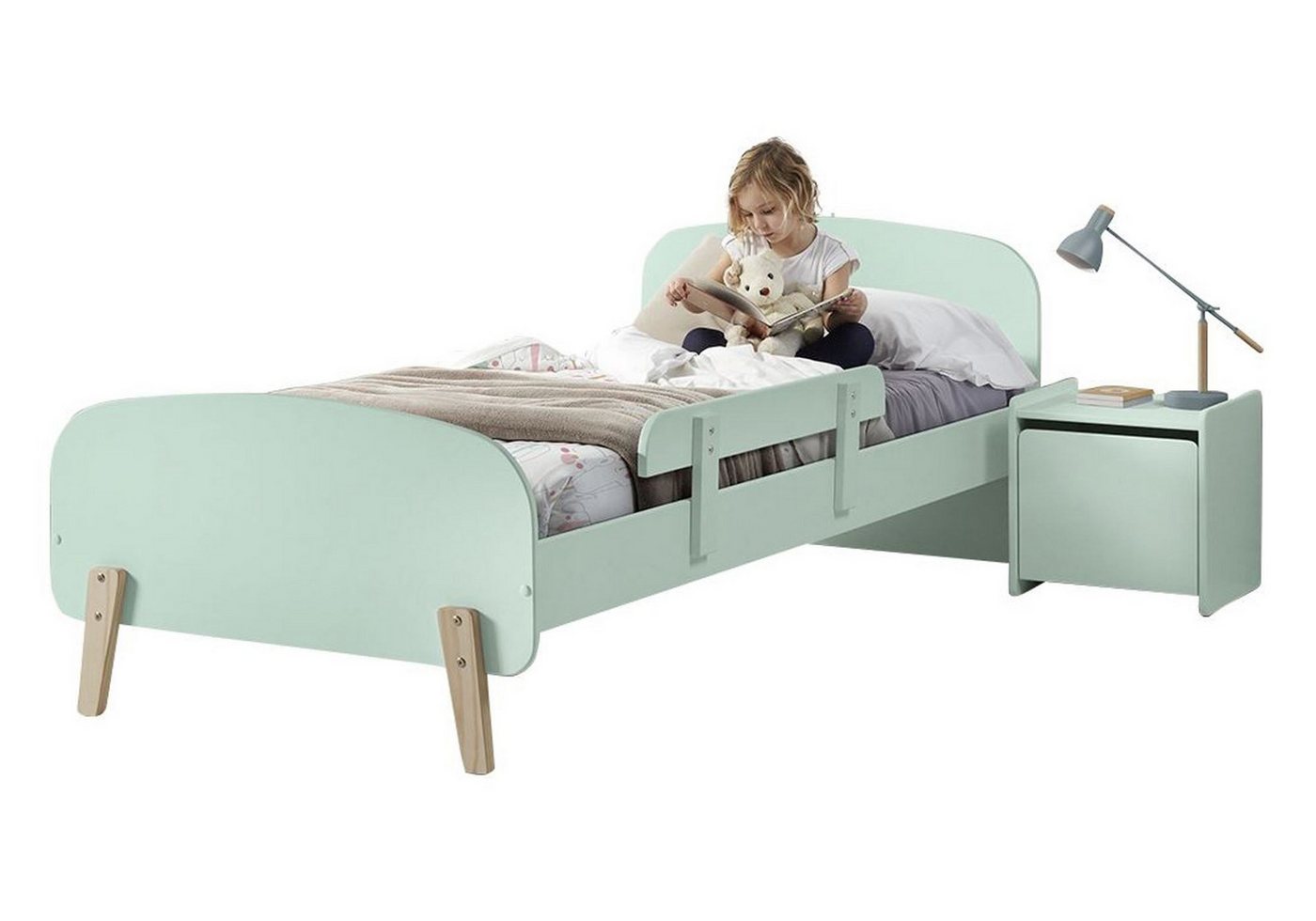 58 aufm Kessel Jugendzimmer-Set Kinderzimmer Set Karilynn 2 Bett mit Nachtkommode Holz+MDF mintgrün, (inkl. Versand, Lieferung bis Verwendungsstelle), rosaLiegefläche 90 x 200, Lattenrost, Nachtkommode, Absturzschutz von 58 aufm Kessel
