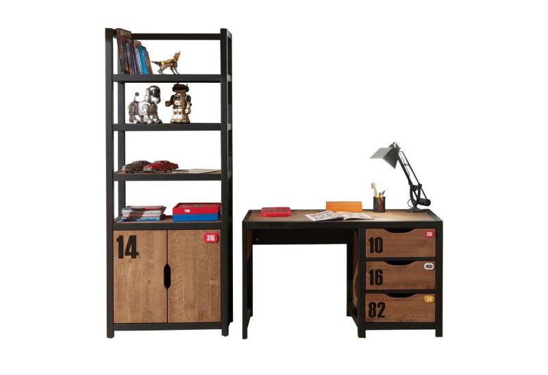58 aufm Kessel Jugendzimmer-Set Kinderzimmer Set komplett Kameko 2 Massivholz+MDF Schwarz/Cognac, (inkl. Versand, Lieferung bis Verwendungsstelle), Regal mit 2 Türen, 4 Fächern und Schreibtisch mit 3 Schubladen von 58 aufm Kessel