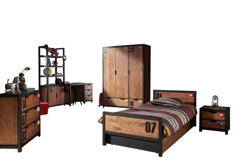 58 aufm Kessel Jugendzimmer-Set Kinderzimmer Set komplett Kameko 12 Massivholz+MDF Schwarz/Cognac, (inkl. Versand, Lieferung bis Verwendungsstelle), Nachtkonsole,Bett,Bettschublade,Kleiderschrank,Schreibtisch,Kommode von 58 aufm Kessel