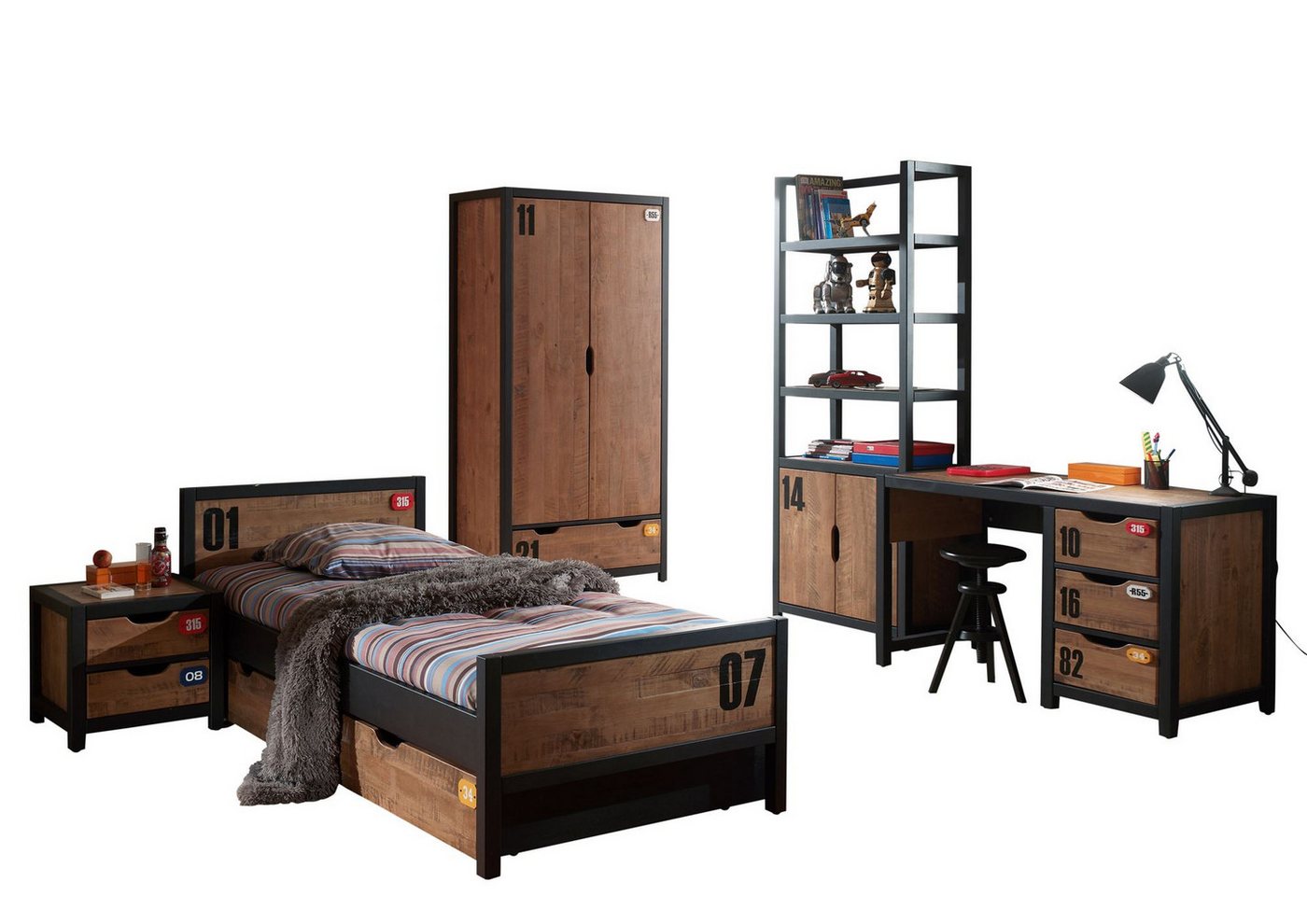 58 aufm Kessel Jugendzimmer-Set Kinderzimmer Set komplett Kameko 10 Massivholz+MDF Schwarz/Cognac, (inkl. Versand, Lieferung bis Verwendungsstelle), Nachtkonsole, Bett, Bettschublade, Kleiderschrank, Schreibtisch, Regal von 58 aufm Kessel