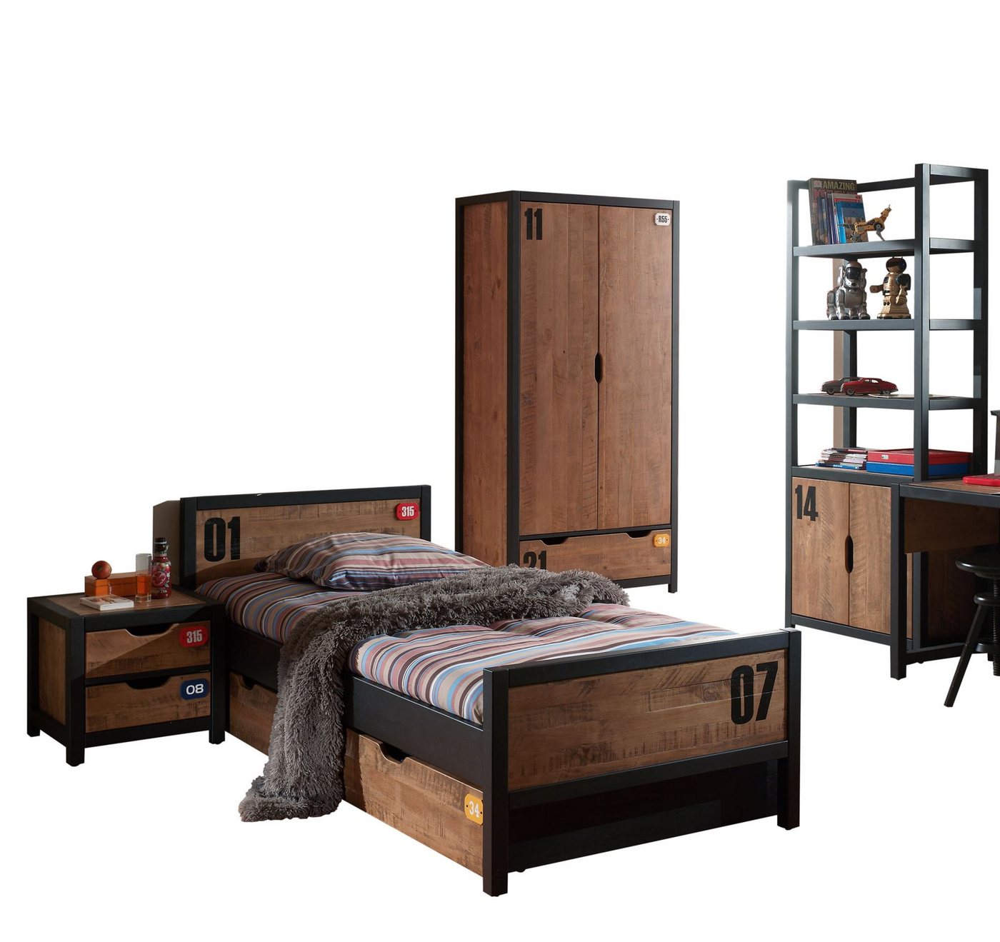 58 aufm Kessel Jugendzimmer-Set Kinderzimmer Set komplett Kameko 8 Massivholz+MDF Schwarz/Cognac, (inkl. Versand, Lieferung bis Verwendungsstelle), Nachtkonsole, Bett, Bettschublade, Kleiderschrank, Regal, Schreibtisch von 58 aufm Kessel