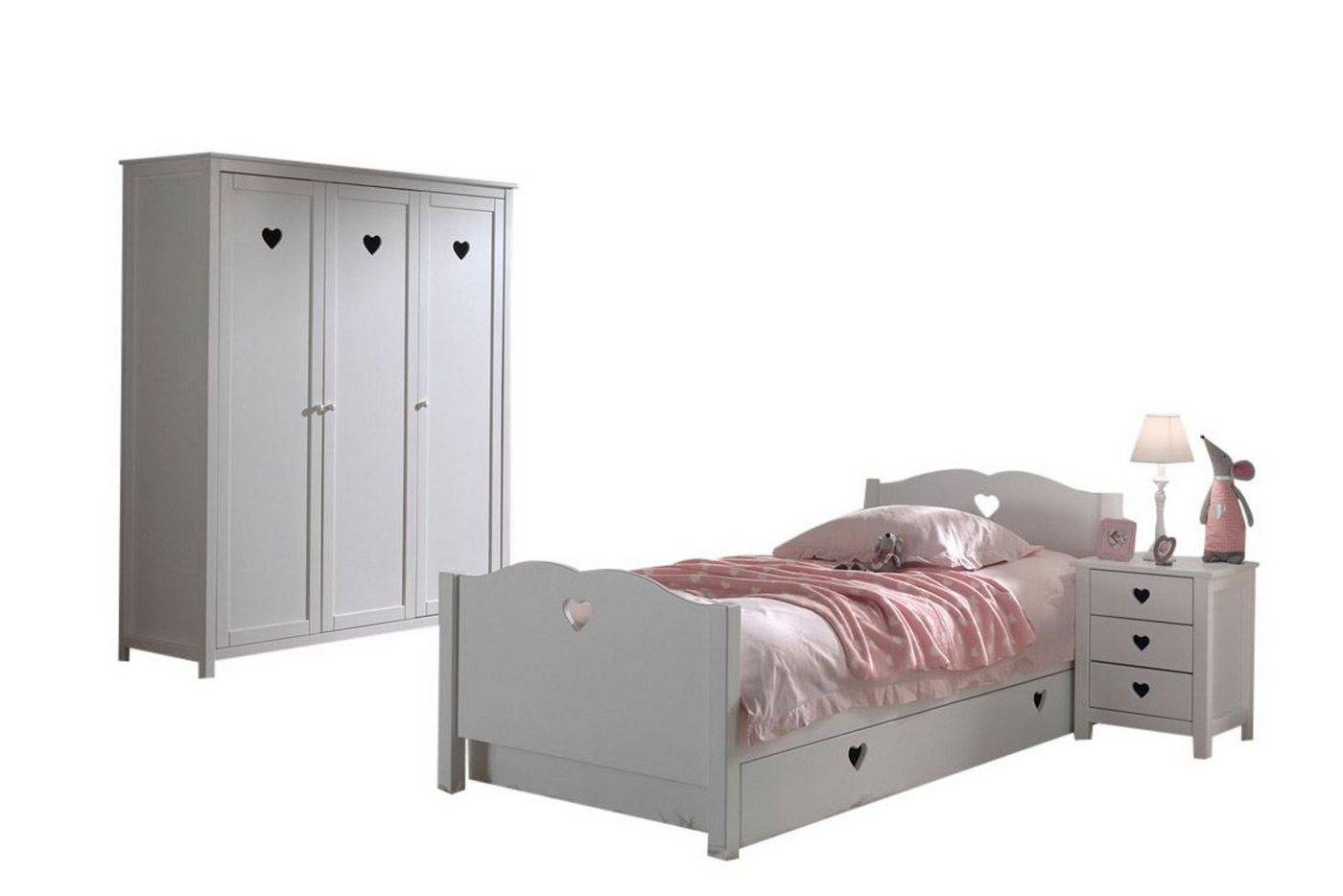 58 aufm Kessel Jugendzimmer-Set Kinderzimmer Kamila 8 Kinderzimmer Möbel Set Mädchen MDF Weiß, (inkl. Versand, Lieferung bis Verwendungsstelle), Bett mit herzförmigen Ausschnitten, 3-türiger Schrank, Bettschublade von 58 aufm Kessel