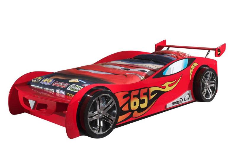 58 aufm Kessel Kinderbett Autobett Kally 247x111x66 Kinderbett Spielbett MDF Rot (inkl. Versand, Lieferung bis Verwendungsstelle), Liegefläche 90x200, MDF rot glänzend, Lattenrost, stabile Verarbeitung von 58 aufm Kessel