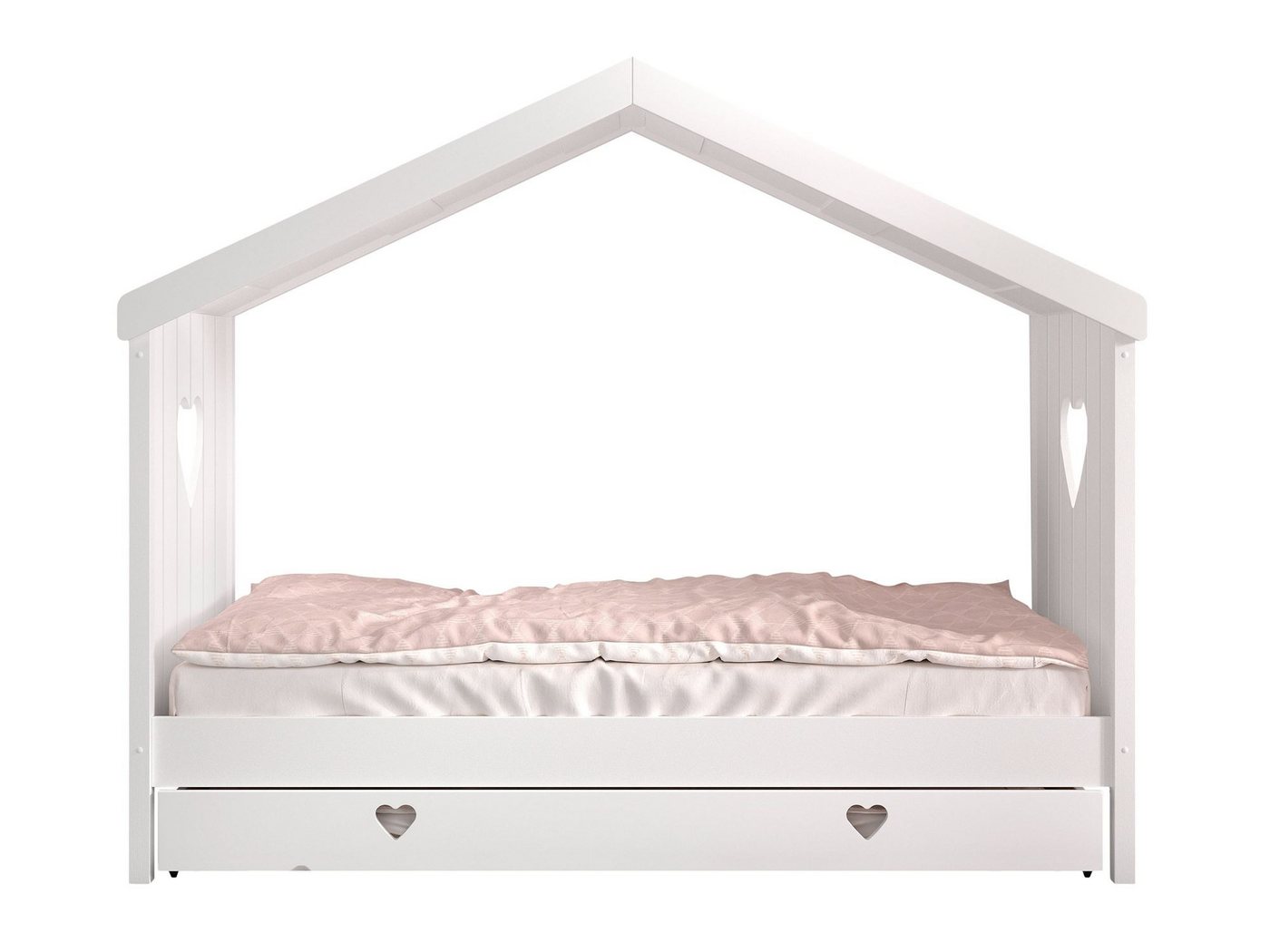 58 aufm Kessel Kinderbett Hausbett Kamila 3 213x99x172 Kinderbett Einzelbett Massivholz+MDF Weiß (inkl. Versand, Lieferung bis Verwendungsstelle), Liegefläche 90 x 200 cm, herzförmige Details, inkl. Bettschublade von 58 aufm Kessel