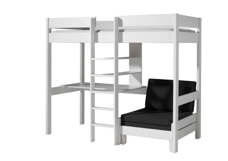 58 aufm Kessel Kinderbett Hochbett mit Bettsessel Karolina 208x105/206x175 Massivholz Weiß (inkl. Versand, Lieferung bis Verwendungsstelle), Liegefläche 90x200, Hochbett mit Schreibplatte + Sesselbett ausziehbar von 58 aufm Kessel