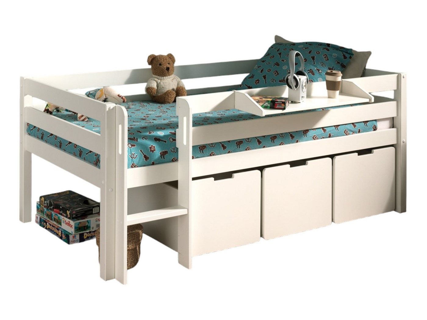 58 aufm Kessel Kinderbett Kojenbett Karolina 208x105x83 Kinderbett Einzelbett Massivholz Weiß (inkl. Versand, Lieferung bis Verwendungsstelle), Liegefläche 90 x 200, niedrige Höhe, ideal für Dachschrägen, Schublade von 58 aufm Kessel