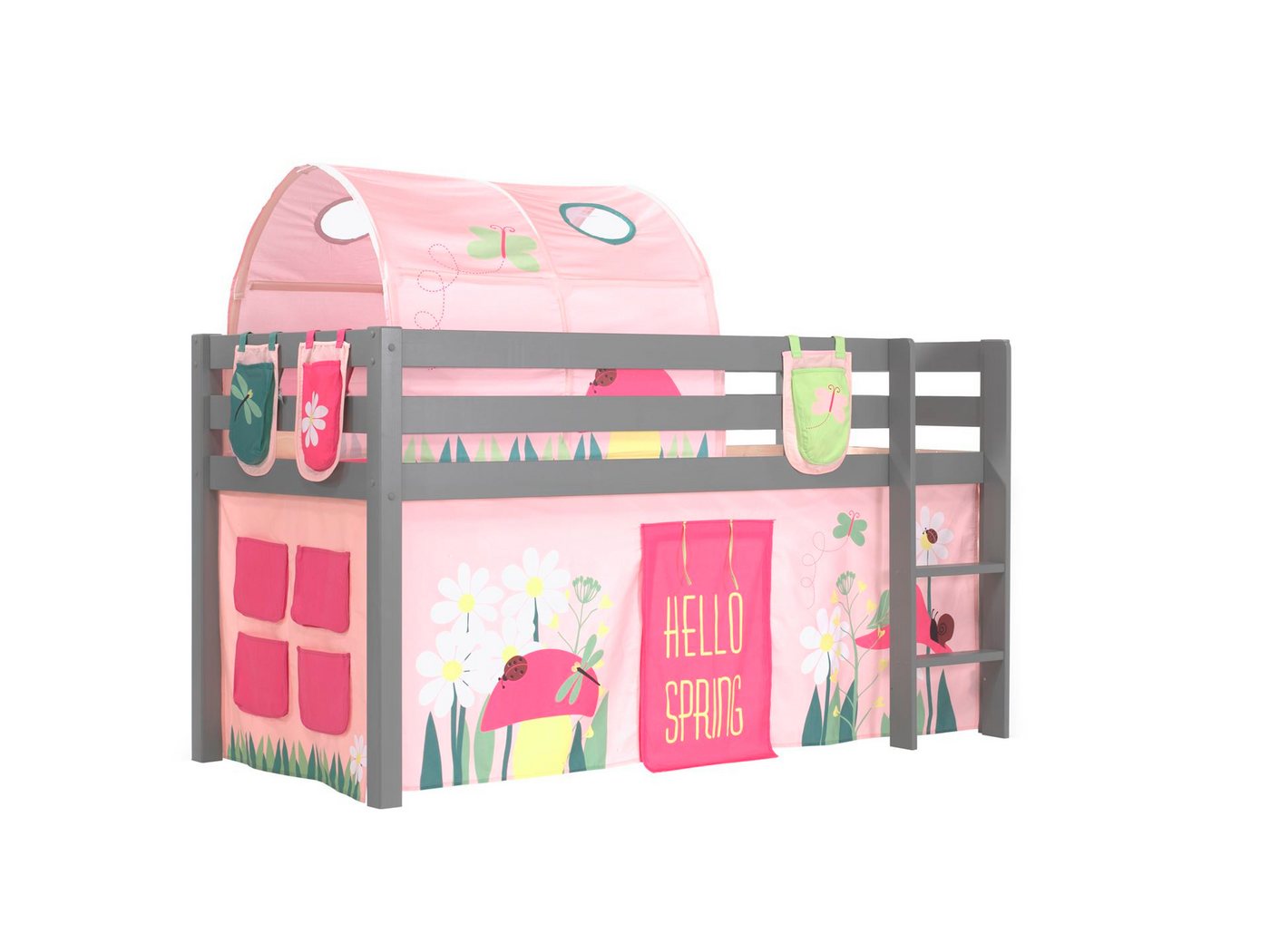 58 aufm Kessel Kinderbett Spielbett Karolina 210x106x114 Kinderbett Hochbett Massivholz grau (inkl. Versand, Lieferung bis Verwendungsstelle), Liegefläche 90x200, inkl. Textilset, breite Stufen, Absturzschutz von 58 aufm Kessel