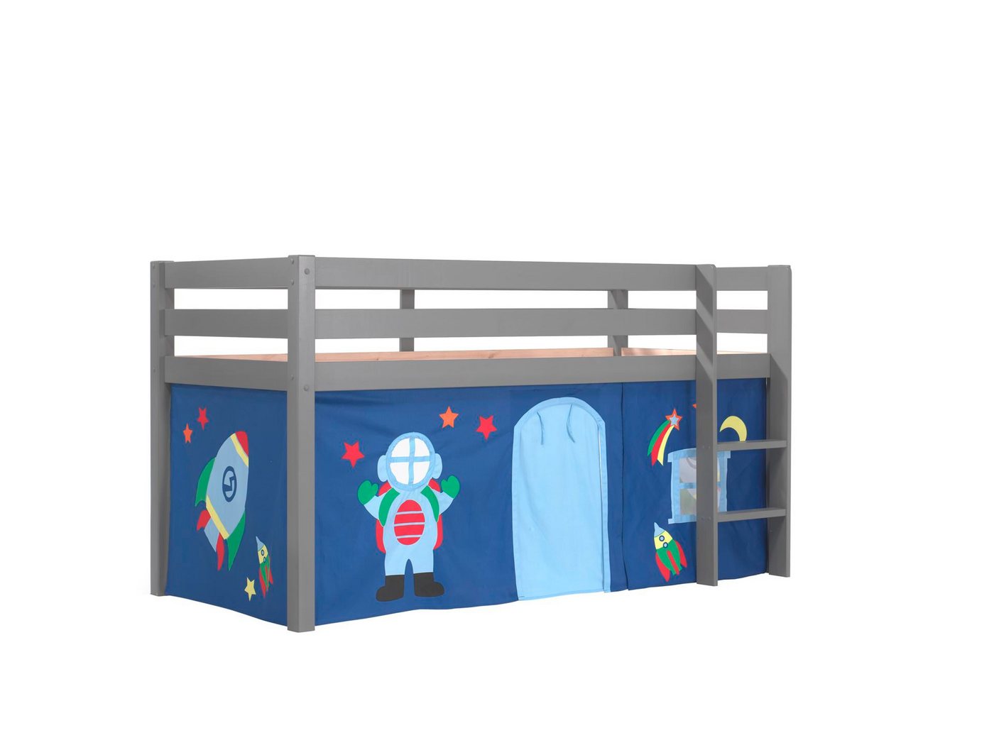 58 aufm Kessel Kinderbett Spielbett Karolina 210x106x114 Kinderbett Hochbett Massivholz grau (inkl. Versand, Lieferung bis Verwendungsstelle), Liegefläche 90x200, inkl. Textilset, breite Stufen, Absturzschutz von 58 aufm Kessel