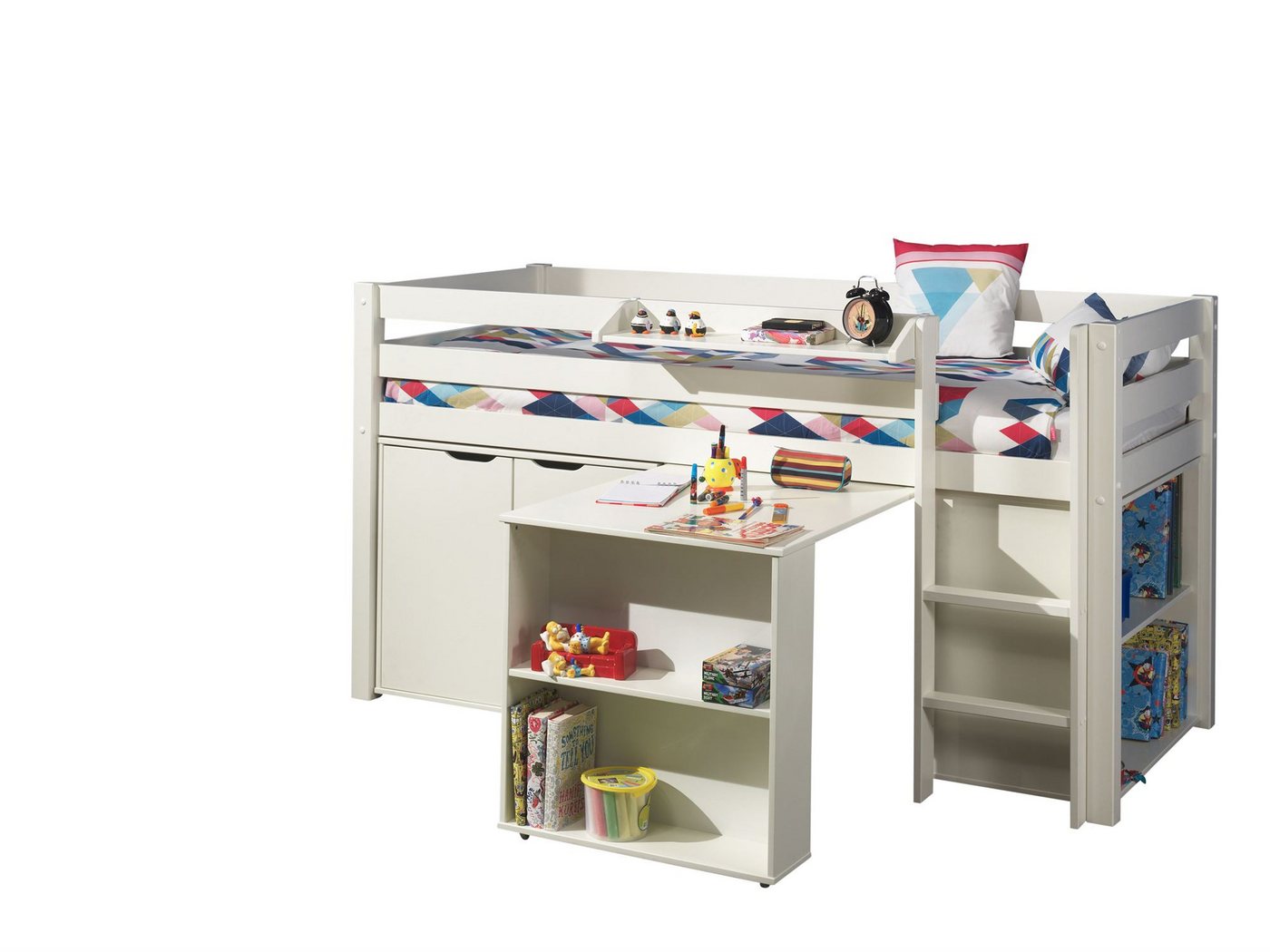 58 aufm Kessel Kinderbett Spielbett Karolina 210x106x114 Kinderbett Massivholz+MDF Weiß (inkl. Versand, Lieferung bis Verwendungsstelle), Liegefläche 90x200, Hochbett mit Schreibtisch, Regalen und Hängeregal von 58 aufm Kessel