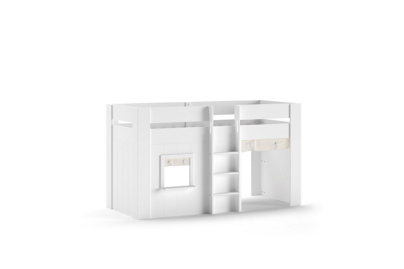 58 aufm Kessel Kinderbett Spielbett Karrie 206x105x120 Kinderbett Hochbett MDF Weiß mit Stoffset (inkl. Versand, Lieferung bis Verwendungsstelle), Liegefläche 90 x 200, Bett in Hüttenoptik mit Lattenrost und Textilset von 58 aufm Kessel