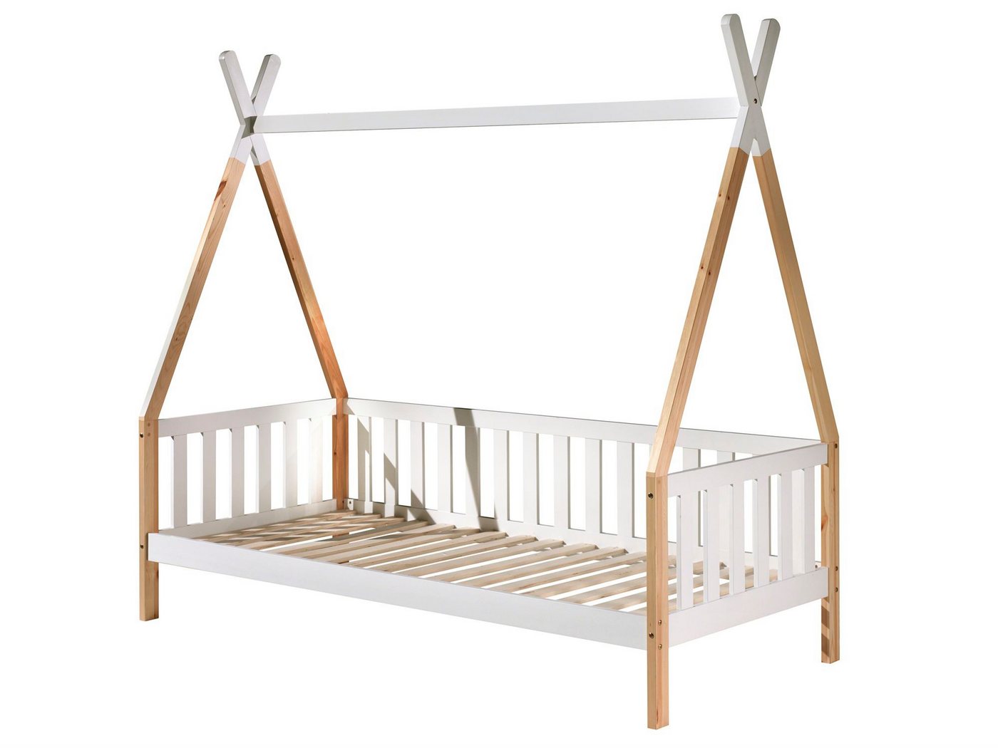58 aufm Kessel Kinderbett Zeltbett Karyn 1 206x96x185 Kinderbett Bodenbett Massivholz Weiß/natur (inkl. Versand, Lieferung bis Verwendungsstelle), Liegefläche 90 x 200, Kojenbett mit Sprossenumrandung und Dekorstange von 58 aufm Kessel