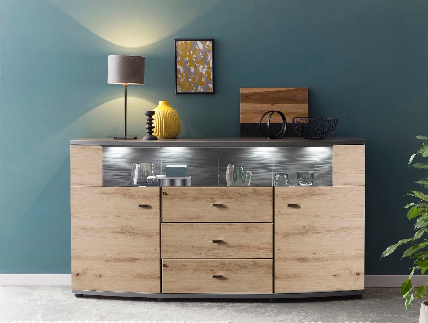 58 aufm Kessel Kommode Sideboard Jacinthe 160x87x42 Anrichte Artisan Eiche/Anthrazit 10193 (Sparset, 1 St), Türen mit Selbsteinzug und Dämpfung, Schubladen mit Selbsteinzug und Dämpfung von 58 aufm Kessel