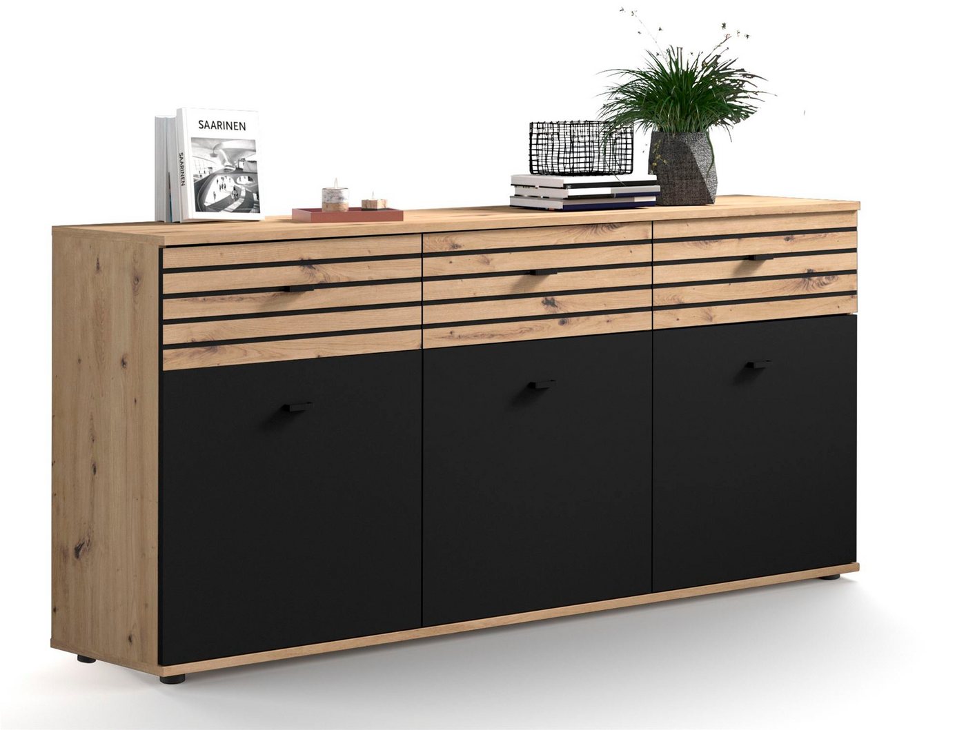 58 aufm Kessel Sideboard Sideboard Jacklin 168x38x80 Anrichte Artisan Eiche/Schwarz 10203 (Sparset, 1 St), Türen und Schubladen mit Soft Close von 58 aufm Kessel