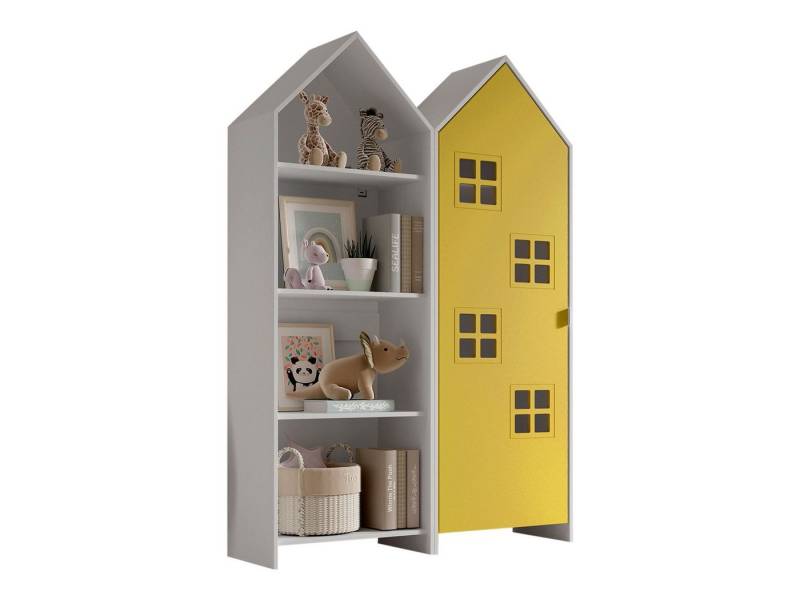 58 aufm Kessel Mehrzweckschrank-Set Regalschrank Set Kania 115x37x171 Regal Kombination MDF Weiß /Gelb, (inkl. Versand, Lieferung bis Verwendungsstelle), 1 Regalschrank und 1 Schrank mit 1 Tür, 3 Einlegeböden, Kleiderstange von 58 aufm Kessel