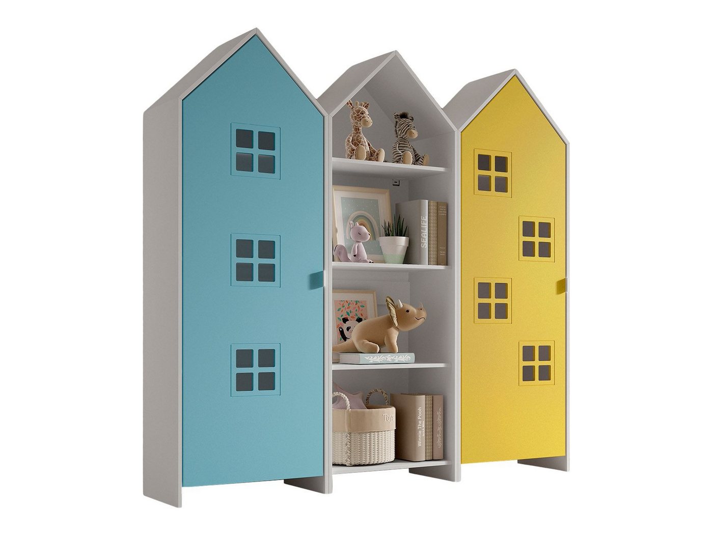 58 aufm Kessel Mehrzweckschrank-Set Regalschrank Set Kania 173x37x171 Regal Kombination MDF Weiß /Bunt, (inkl. Versand, Lieferung bis Verwendungsstelle), 1 Regalschrank und 2 Schränke mit 1 Tür, 3 Einlegeböden, Kleiderstange von 58 aufm Kessel