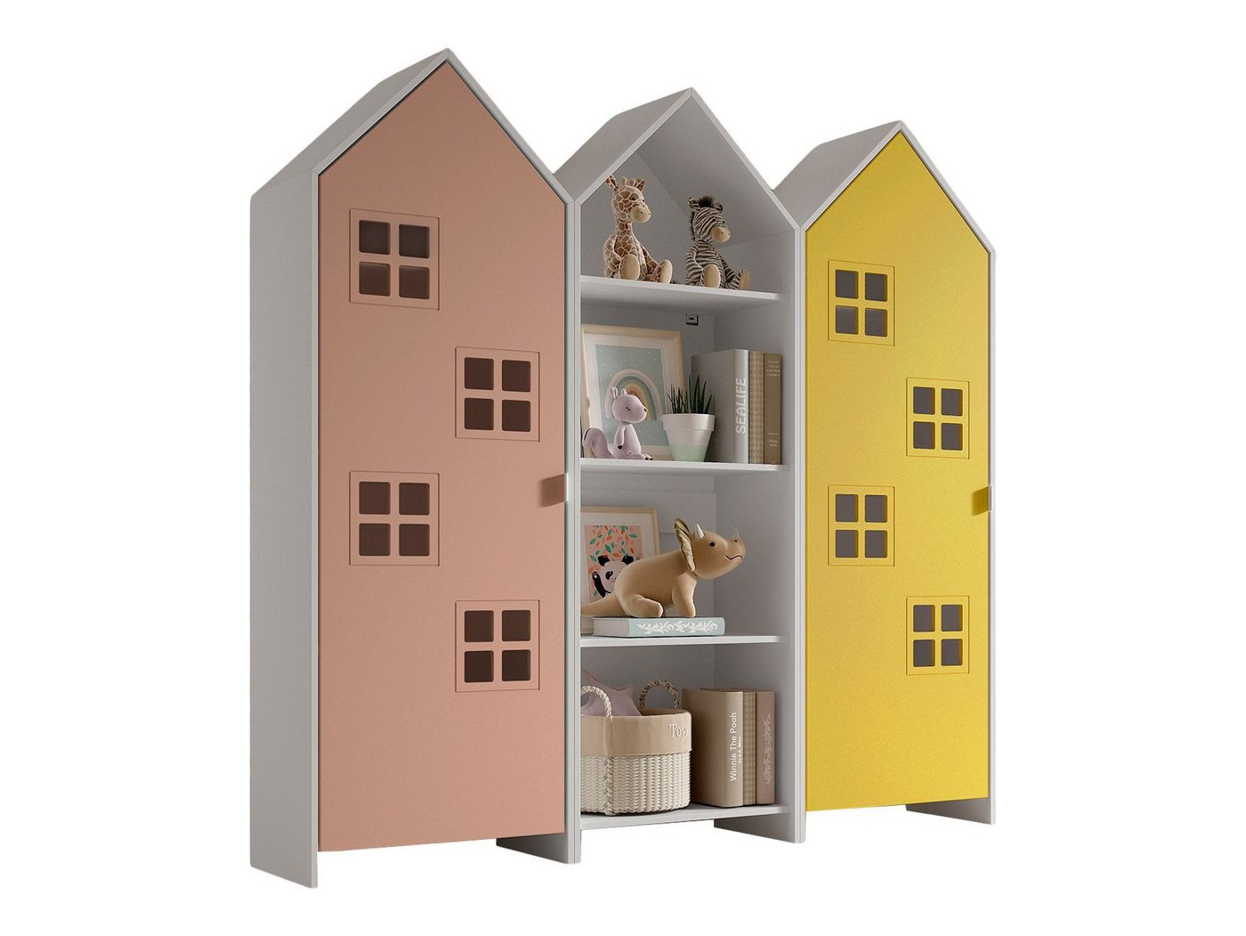 58 aufm Kessel Mehrzweckschrank-Set Regalschrank Set Kania 173x37x171 Regal Kombination MDF Weiß /Bunt, (inkl. Versand, Lieferung bis Verwendungsstelle), 1 Regalschrank und 2 Schränke mit 1 Tür, 3 Einlegeböden, Kleiderstange von 58 aufm Kessel