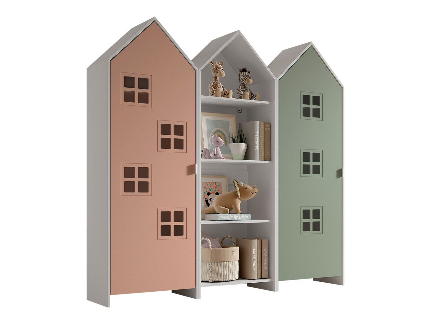 58 aufm Kessel Mehrzweckschrank-Set Regalschrank Set Kania 173x37x171 Regal Kombination MDF Weiß /Bunt, (inkl. Versand, Lieferung bis Verwendungsstelle), 1 Regalschrank und 2 Schränke mit 1 Tür, 3 Einlegeböden, Kleiderstange von 58 aufm Kessel