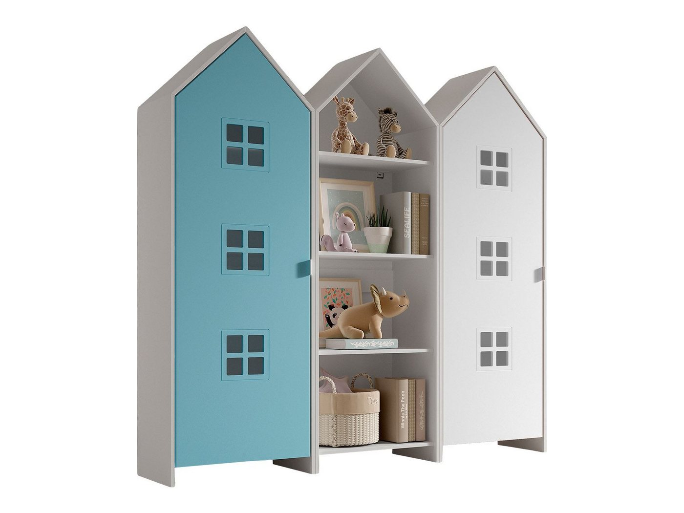 58 aufm Kessel Mehrzweckschrank-Set Regalschrank Set Kania 173x37x171 Regal Kombination MDF Weiß /Bunt, (inkl. Versand, Lieferung bis Verwendungsstelle), 1 Regalschrank und 2 Schränke mit 1 Tür, 3 Einlegeböden, Kleiderstange von 58 aufm Kessel