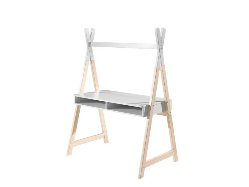58 aufm Kessel Schreibtisch Arbeitstisch Karilynn 116x75x160 Computertisch MDF+Massivholz Weiß (inkl. Versand, Lieferung bis Verwendungsstelle), Kinderschreibtisch mit Karyn-Zelt Optik, geräumige Ablagefächer,stabil von 58 aufm Kessel