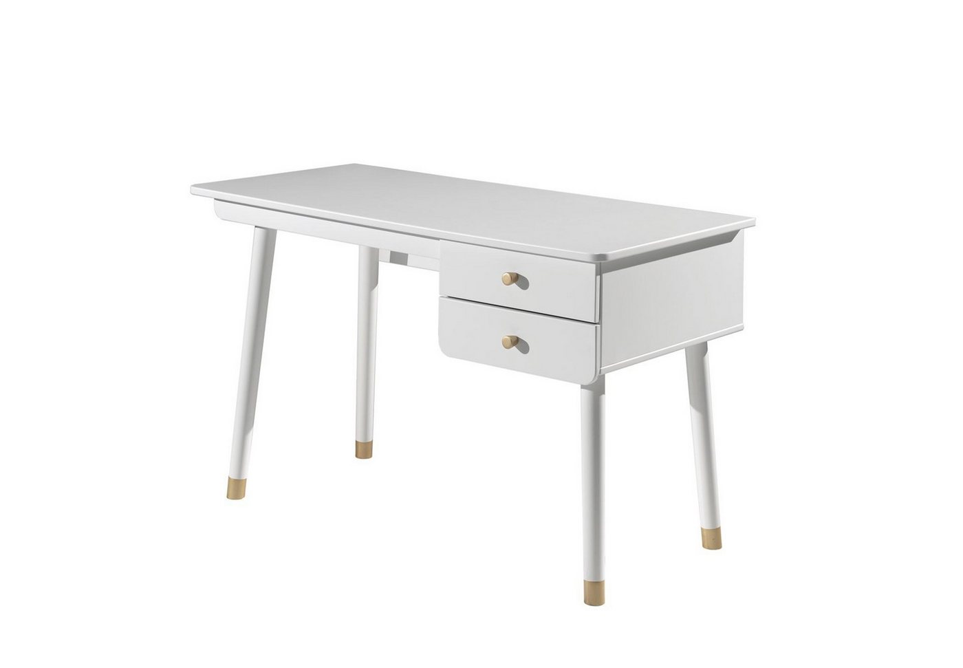 58 aufm Kessel Schreibtisch Computertisch Kamillah 125x75x60 Kinderschreibtisch MDF Satin Weiß (inkl. Versand, Lieferung bis Verwendungsstelle), Nachttisch 2 Schubladen, schräg ausgestellte Füße, goldfarbige Griffe von 58 aufm Kessel