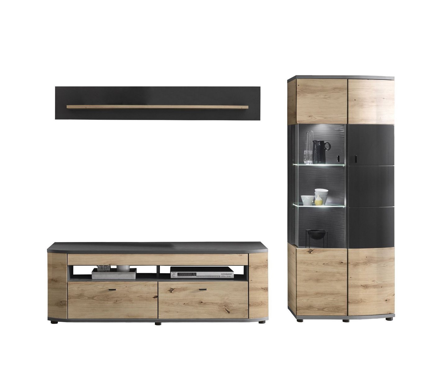 58 aufm Kessel Wohnwand Jacinthe 235x171x46 Eiche/Anthrazit/Anthrazit HG 10181, (Komplettset, 3-St., Bestehend aus: Lowboard,Wandboard,Vitrinenschrank mttel), Türen und Schubladen mit Selbsteinzug und Dämpfung von 58 aufm Kessel