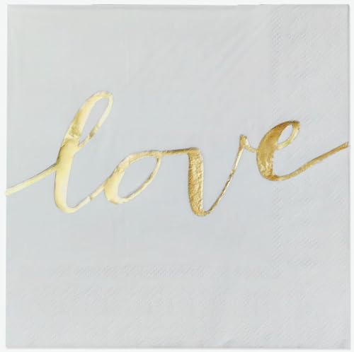 Weiß Hochzeit Servietten mit Gold Love 2-lagig, 30x30cm, Servietten Liebe Valentinstag Dinner Papierservietten Tischdekoration,insgesamt 40 Stück von 5V5V