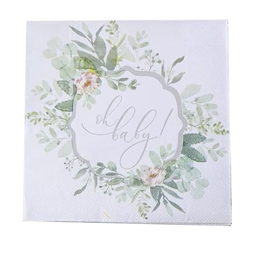 Weiß Servietten Eukalyptus Grün Servietten mit Oh baby, 2-lagig, 33x33cm, Grün Party Baby Shower Papierservietten Tischdekoration, insgesamt 80 Stück von 5V5V
