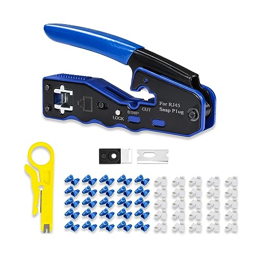 All-in-One-RJ45-Crimpwerkzeug-Set, Pass-Through-Ethernet-Crimper für Cat5e/6/6a 8P8C modulare Steckverbinder, mit Mini-Abisolierzange, 50 Stück CAT6-Pass-Through-Steckverbinder und Abdeckungen von 6COMGIGA