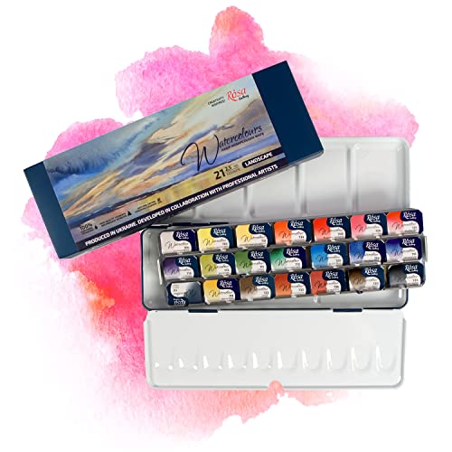 7 Artists Landschaft Aquarellfarben Set Rosa Gallery 21 x Näpfchen Lebendige Farben, Hochwertige Künstler-Aquarell im Mehrzweck-Metallkasten mit Mischpalette, Künstler Aquarellkasten von 7 Artists