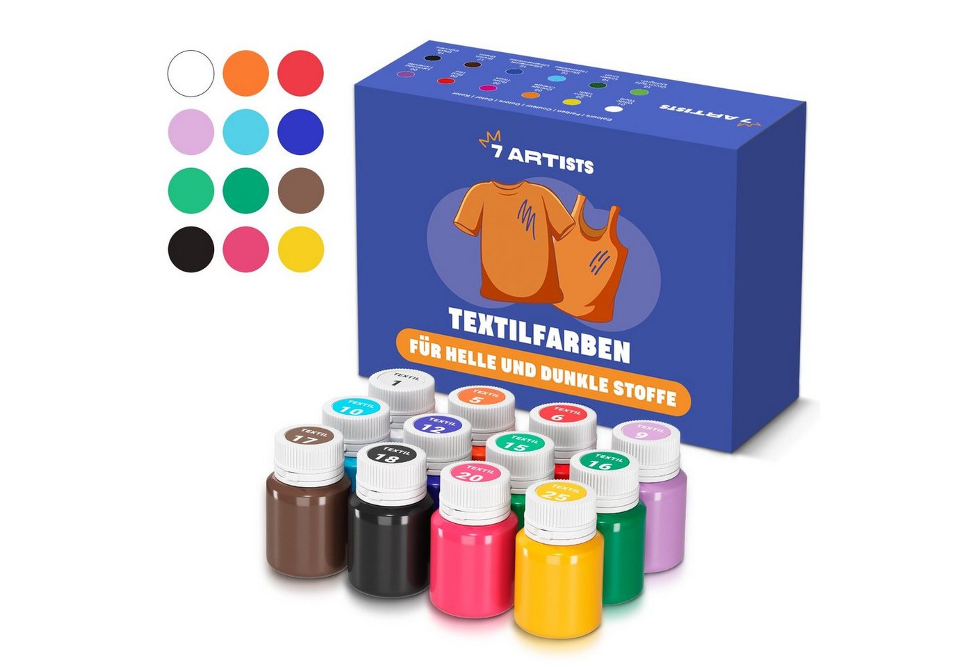 7 Artists Textilfarbe Textilfarbe Waschmaschinenfest Set - Stoffmalfarben Waschfest, für helle und dunkle Textilien von 7 Artists