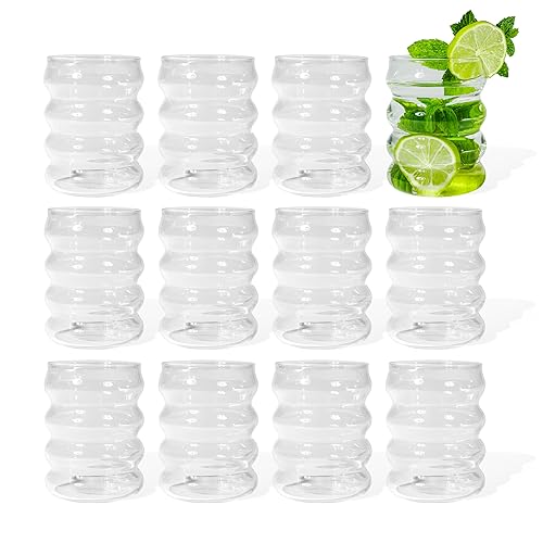 7 O'CLOCK Gläser 12er Set | Design Vintage Wave Glass Mykonos | Trinkgläser Eiskaffeegläser Cocktailgläser Longdrinkgläser Wasser Tee Kaffee Saft | Spülmaschinenfest langlebig | 185ml von 7 O'CLOCK