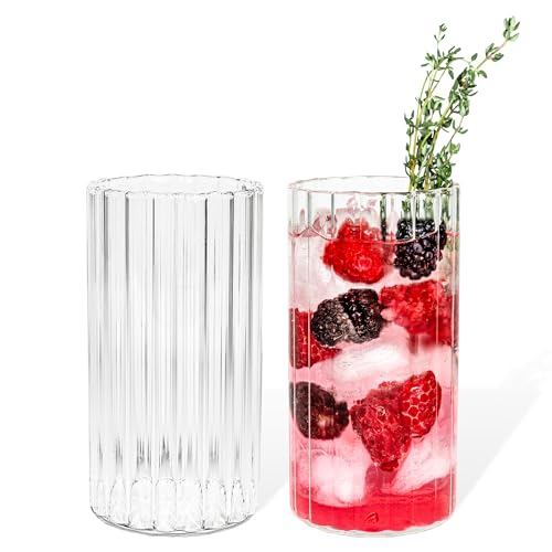 7 O'CLOCK Gläser 2er Set | Design Vintage Stripe Long Glass Norway | Trinkgläser Eiskaffeegläser Cocktailgläser Longdrinkgläser Wasser Tee Kaffee Saft | Spülmaschinenfest langlebig | 400ml von 7 O'CLOCK