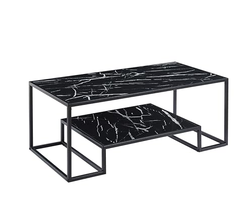7 Star FURNITURE Iva Cheap Moderner leichter Couchtisch, Marmoroptik, MDF-Platte, Metallgestell mit unterer Ablage (schwarz) von 7 Star FURNITURE