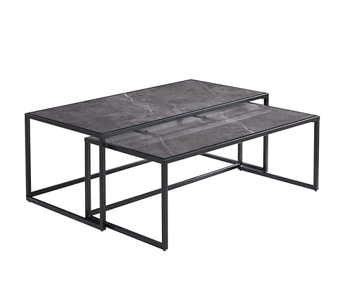 7 Star FURNITURE Mario Couchtische, modern, leicht, stapelbar, Marmoreffekt, schwarzer Metallrahmen (grau), 2 Stück von 7 Star FURNITURE