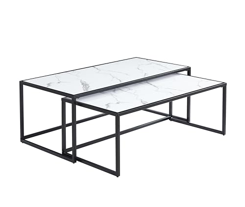 7 Star FURNITURE Mario Couchtische, modern, leicht, stapelbar, Marmoreffekt, schwarzer Metallrahmen (weiß), 2 Stück von 7 Star FURNITURE