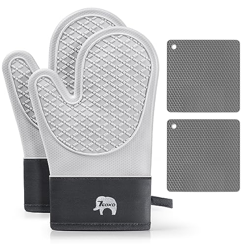 Ofenhandschuhe, hitzebeständiger Silikon-Ofenhandschuh mit weichem Baumwollfutter, 2 Stück, Ofenhandschuhe und Topflappen, perfekt zum Grillen, Backen und Kochen von 7CDXD