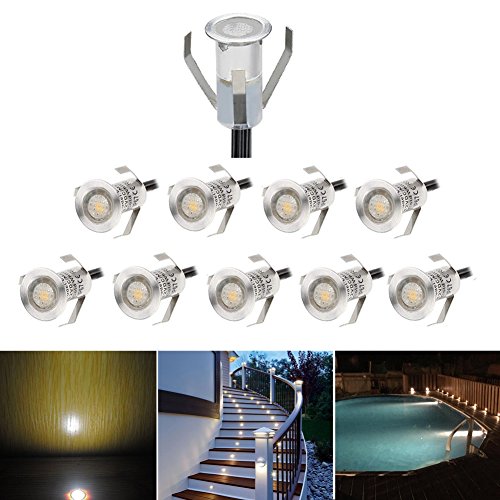 10er Set Mini Treppen Einbaustrahler Ø18mm 0.4W IP67 Wasserdicht 7LM Bodeneinbaustrahler LED Bodenstrahler Aussen und Innen Lampe mit 12V Netzteil für Garten Terrasse Treppen Beleuchtung Warmes Weiß von CHNXU