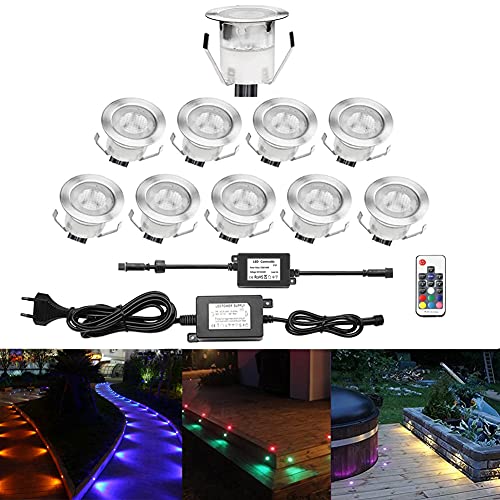 CHNXU 10er Set Terrassen Einbaustrahler LED Bodeneinbaustrahler Ø30mm 0.3W Außen Boden Lampe DC12V IP67 Wasserdicht RGB Farbwechsel-LED Terrasse Licht für Küche Garten Treppen Bad Balkon von CHNXU