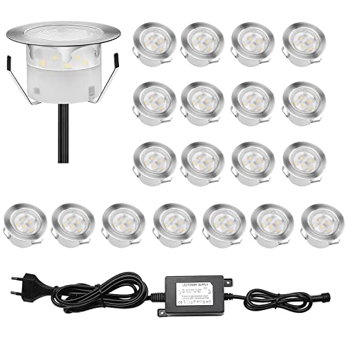 CHNXU 20er Set Terrassen Einbaustrahler LED Bodeneinbauleuchten Warmes Weiß Aussen Ø45mm Treppen Einbauleuchte IP67 Wasserdicht Boden Lampe für Garten Gehweg Küche Balkon Holzdeck von CHNXU